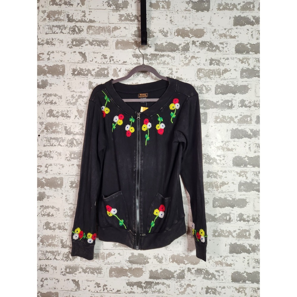 Rising International Black Embroidered Floral Jacket Large Zip Mineral Wash